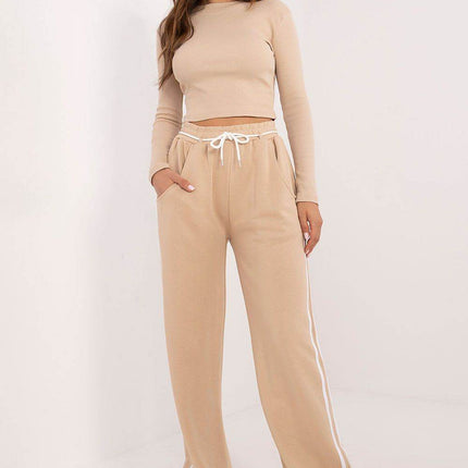 Women's Cotton Ribbed Set – Long Sleeve Top & Wide-Leg Pants with Piping - MimiStylez