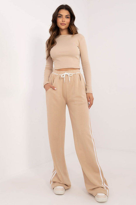 Women's Cotton Ribbed Set – Long Sleeve Top & Wide-Leg Pants with Piping - MimiStylez