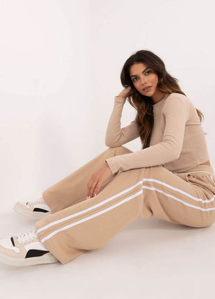 Women's Cotton Ribbed Set – Long Sleeve Top & Wide-Leg Pants with Piping - MimiStylez