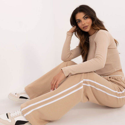 Women's Cotton Ribbed Set – Long Sleeve Top & Wide-Leg Pants with Piping - MimiStylez