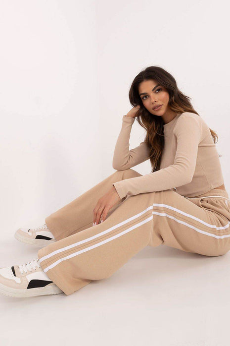 Women's Cotton Ribbed Set – Long Sleeve Top & Wide-Leg Pants with Piping - MimiStylez