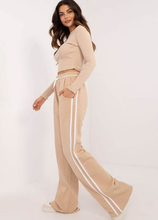 Women's Cotton Ribbed Set – Long Sleeve Top & Wide-Leg Pants with Piping - MimiStylez