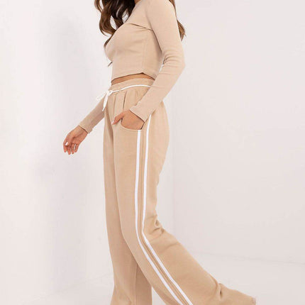Women's Cotton Ribbed Set – Long Sleeve Top & Wide-Leg Pants with Piping - MimiStylez