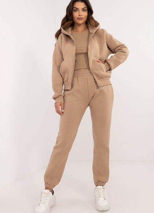 3-Piece Cotton Tracksuit Set – Hooded Zip Sweatshirt, Strapless T-Shirt & High-Waisted Joggers - MimiStylez