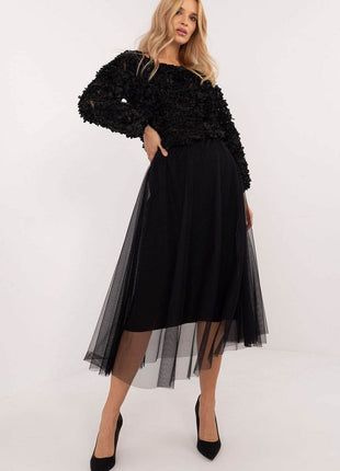 Flared Tulle Midi Skirt with Elastic Waist and Lining - MimiStylez