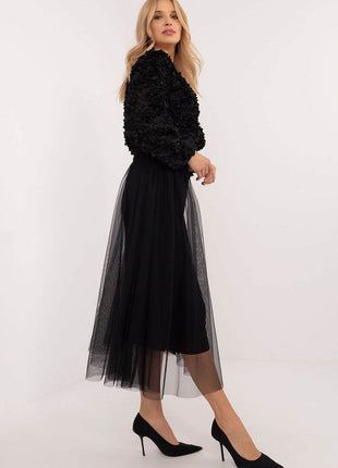 Flared Tulle Midi Skirt with Elastic Waist and Lining - MimiStylez
