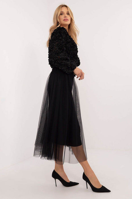 Flared Tulle Midi Skirt with Elastic Waist and Lining - MimiStylez