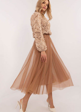 Flared Tulle Midi Skirt with Elastic Waist and Lining - MimiStylez