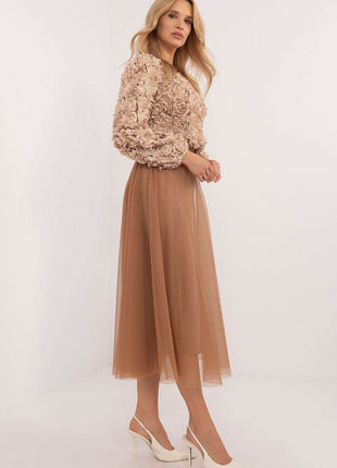 Flared Tulle Midi Skirt with Elastic Waist and Lining - MimiStylez