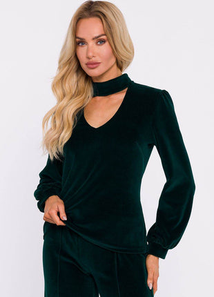 Velour Halter Cotton Blouse with Wide Sleeves and Buttoned Back - MimiStylez