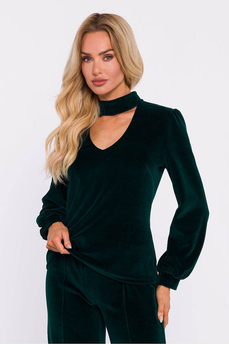 Velour Halter Cotton Blouse with Wide Sleeves and Buttoned Back - MimiStylez