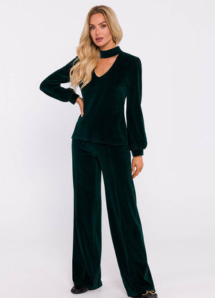 Velour Halter Cotton Blouse with Wide Sleeves and Buttoned Back - MimiStylez