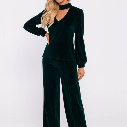 Velour Halter Cotton Blouse with Wide Sleeves and Buttoned Back - MimiStylez