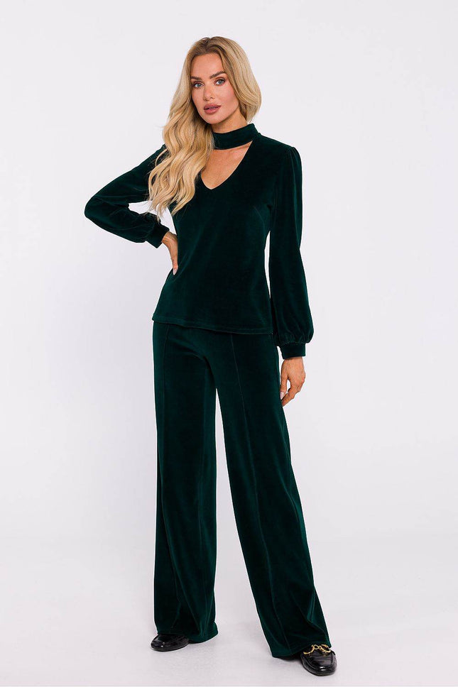 Velour Halter Cotton Blouse with Wide Sleeves and Buttoned Back - MimiStylez