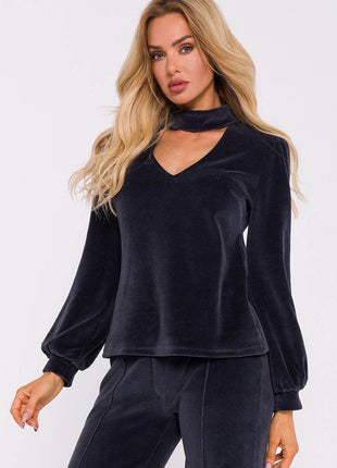 Velour Halter Cotton Blouse with Wide Sleeves and Buttoned Back - MimiStylez