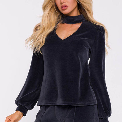 Velour Halter Cotton Blouse with Wide Sleeves and Buttoned Back - MimiStylez