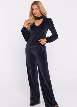 Velour Halter Cotton Blouse with Wide Sleeves and Buttoned Back - MimiStylez