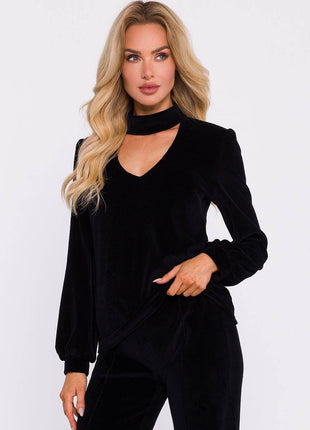 Velour Halter Cotton Blouse with Wide Sleeves and Buttoned Back - MimiStylez