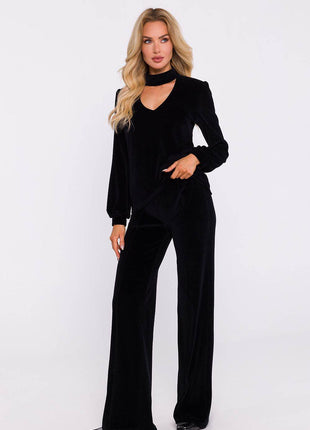 Velour Halter Cotton Blouse with Wide Sleeves and Buttoned Back - MimiStylez