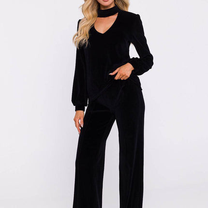 Velour Halter Cotton Blouse with Wide Sleeves and Buttoned Back - MimiStylez
