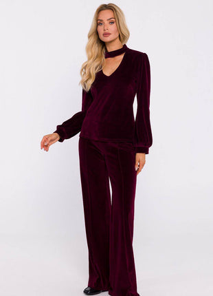 Velour Halter Cotton Blouse with Wide Sleeves and Buttoned Back - MimiStylez