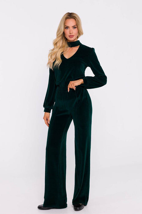 Wide-Leg Cotton Pants with Front Stitching and Elastic Waist - MimiStylez