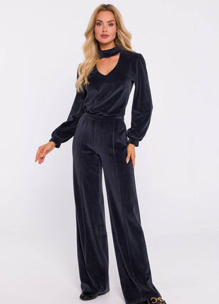 Wide-Leg Cotton Pants with Front Stitching and Elastic Waist - MimiStylez