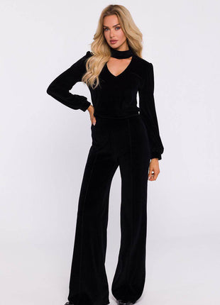 Wide-Leg Cotton Pants with Front Stitching and Elastic Waist - MimiStylez