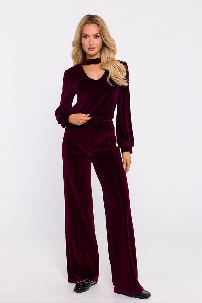 Wide-Leg Cotton Pants with Front Stitching and Elastic Waist - MimiStylez