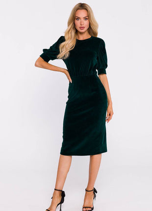 Cotton Pencil Dress with Waist Cut, Cuffed Sleeves & Back Slit - MimiStylez