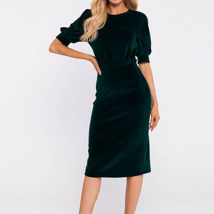 Cotton Pencil Dress with Waist Cut, Cuffed Sleeves & Back Slit - MimiStylez