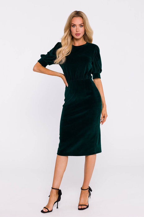 Cotton Pencil Dress with Waist Cut, Cuffed Sleeves & Back Slit - MimiStylez