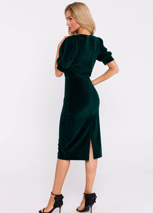 Cotton Pencil Dress with Waist Cut, Cuffed Sleeves & Back Slit - MimiStylez