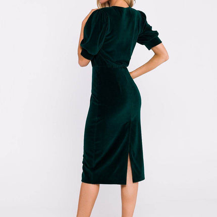 Cotton Pencil Dress with Waist Cut, Cuffed Sleeves & Back Slit - MimiStylez