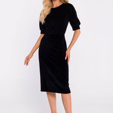 Cotton Pencil Dress with Waist Cut, Cuffed Sleeves & Back Slit - MimiStylez