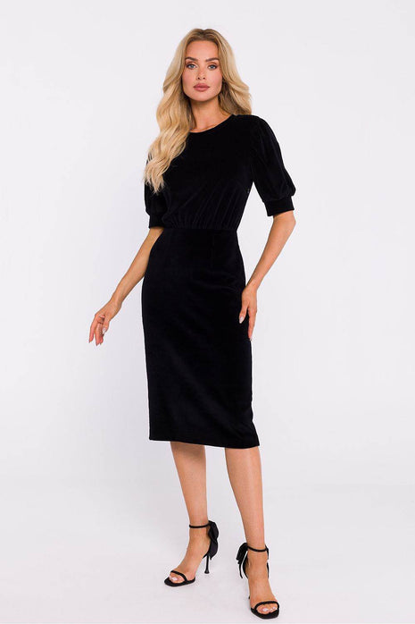 Cotton Pencil Dress with Waist Cut, Cuffed Sleeves & Back Slit - MimiStylez