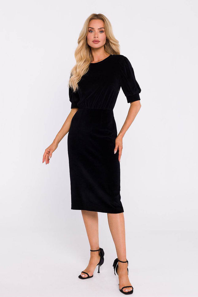 Cotton Pencil Dress with Waist Cut, Cuffed Sleeves & Back Slit - MimiStylez