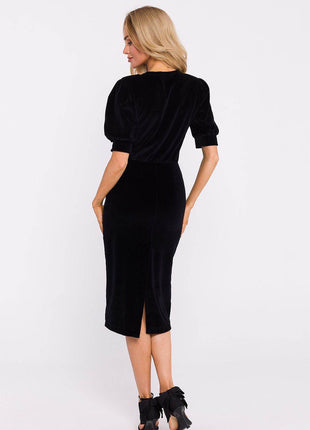 Cotton Pencil Dress with Waist Cut, Cuffed Sleeves & Back Slit - MimiStylez