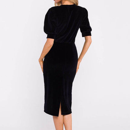 Cotton Pencil Dress with Waist Cut, Cuffed Sleeves & Back Slit - MimiStylez