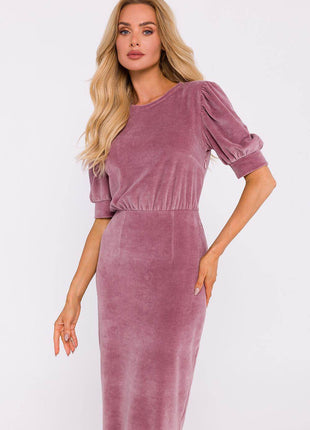 Cotton Pencil Dress with Waist Cut, Cuffed Sleeves & Back Slit - MimiStylez