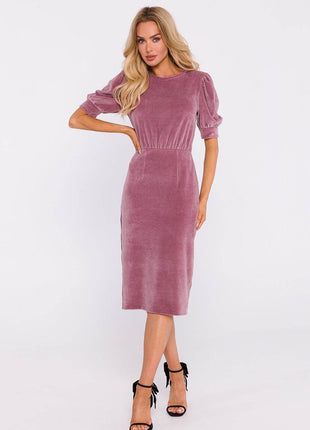 Cotton Pencil Dress with Waist Cut, Cuffed Sleeves & Back Slit - MimiStylez