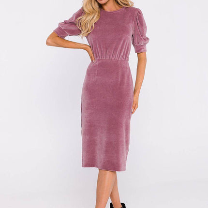 Cotton Pencil Dress with Waist Cut, Cuffed Sleeves & Back Slit - MimiStylez