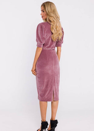 Cotton Pencil Dress with Waist Cut, Cuffed Sleeves & Back Slit - MimiStylez