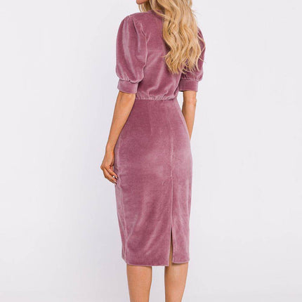 Cotton Pencil Dress with Waist Cut, Cuffed Sleeves & Back Slit - MimiStylez
