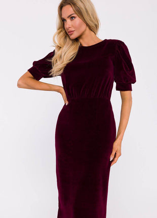 Cotton Pencil Dress with Waist Cut, Cuffed Sleeves & Back Slit - MimiStylez