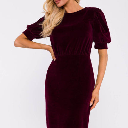 Cotton Pencil Dress with Waist Cut, Cuffed Sleeves & Back Slit - MimiStylez