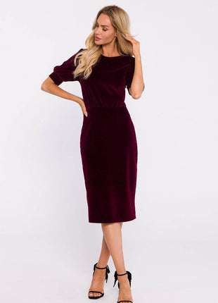 Cotton Pencil Dress with Waist Cut, Cuffed Sleeves & Back Slit - MimiStylez