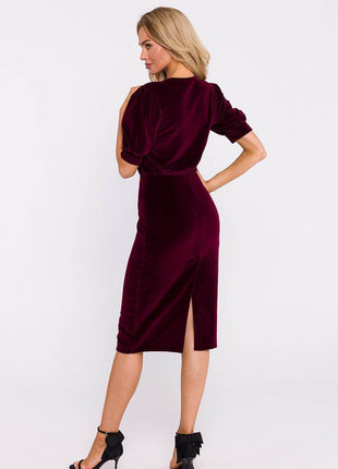 Cotton Pencil Dress with Waist Cut, Cuffed Sleeves & Back Slit - MimiStylez