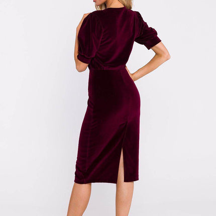 Cotton Pencil Dress with Waist Cut, Cuffed Sleeves & Back Slit - MimiStylez