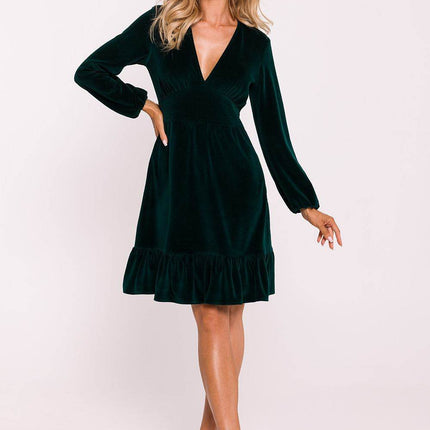 Cotton Midi Dress with Deep V-Neck, Puff Sleeves & Ruffle Hem - MimiStylez